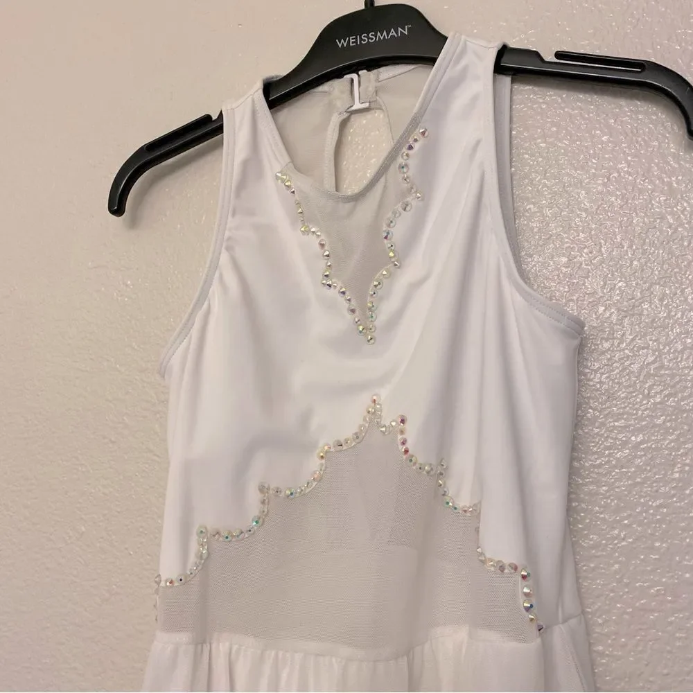 WEISSMAN solo custom Dance white Costume rhinestoned Scallop Hem Dress D10958 LC